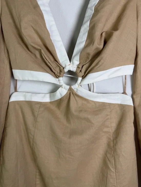 Petal + Pup Women’s Linen Blend Cutout Dress Beige White Tie Back Coastal Sz XS - Picture 3 of 13
